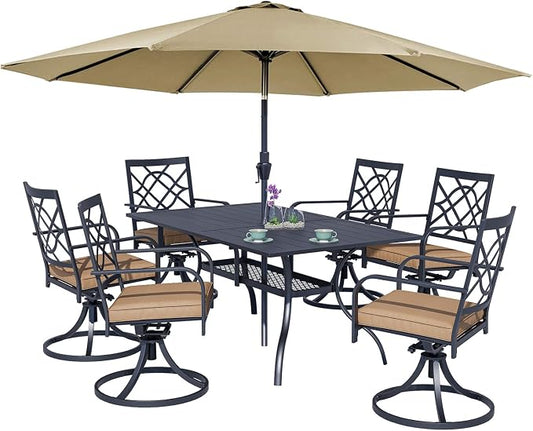 Crownland 7 PCS Furniture Patio Dining Set, 6 Swivel Metal Chairs and Rectangular Outdoor Dining Table with Khaki 9FT Round Outdoor Umbrella (Metal Tabletop)