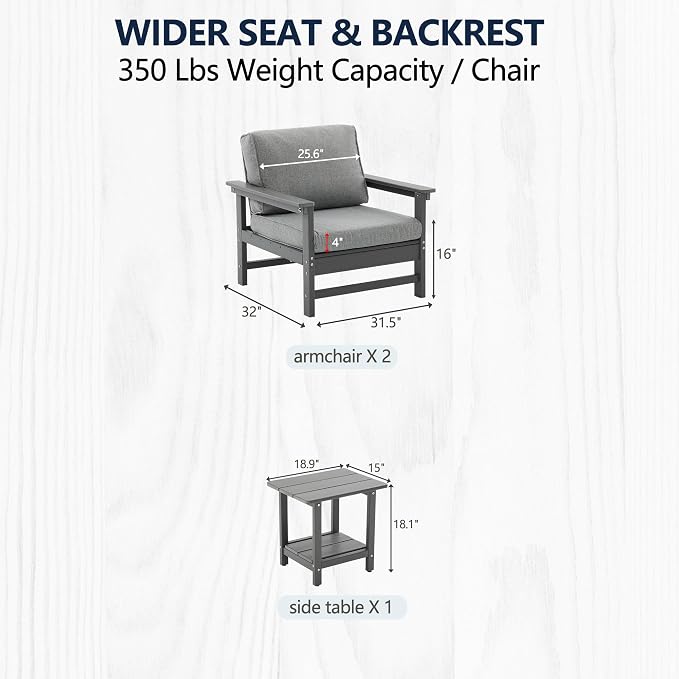 3-Piece Outdoor Patio Furniture Set, HDPE Conversation Bistro Set with 2 Ergonomic Armchairs & Dual-Layer Side Table, Waterproof & UV-Resistant with Cushions for Porch, Garden