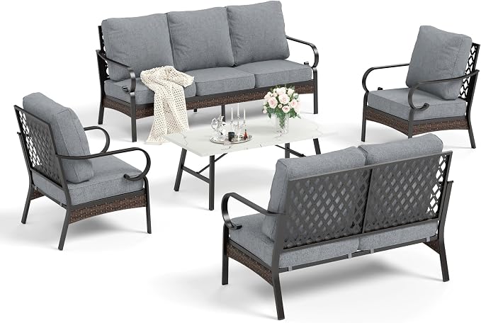 HERA'S HOUSE 5 Piece Metal Patio Furniture Set, 7 Seats All Weather Outdoor Conversation Set, 3 Seat Sofa with Loveseat, 2 Fixed Chairs, Coffee Table for Backyard, Garden, Deck, Grey