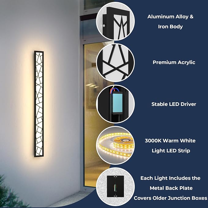 Outdoor Wall Lights 45.3inch Modern Outdoor Wall Sconce LED Long Wall Sconces Black Front Porch Light Waterproof Led Wall Light IP67 3000K Exterior Lighting Fixtures