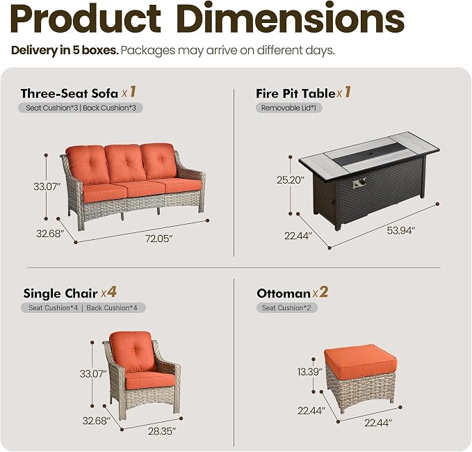 8 Piece Patio Furniture Set with Fire Pit Table, All Weather Wicker High Back Sofa Chairs Ottoman with Thick Cushion, Outdoor Conversation Sets for Large Backyard Deck Garden, Bold Orange