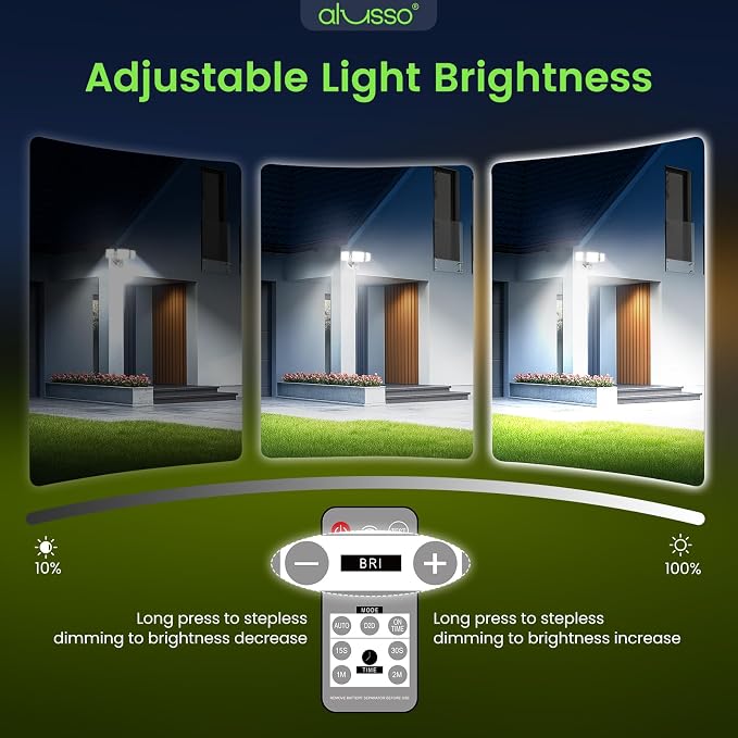 ALUSSO LED Security Lights Motion Sensor,120V 36W 3000LM Flood Lights Outdoor Motion Sensor with Remote, Dimmable Brightness 3000K-6000K IP65 3 Heads Outdoor Security Light for Garage Yard,White
