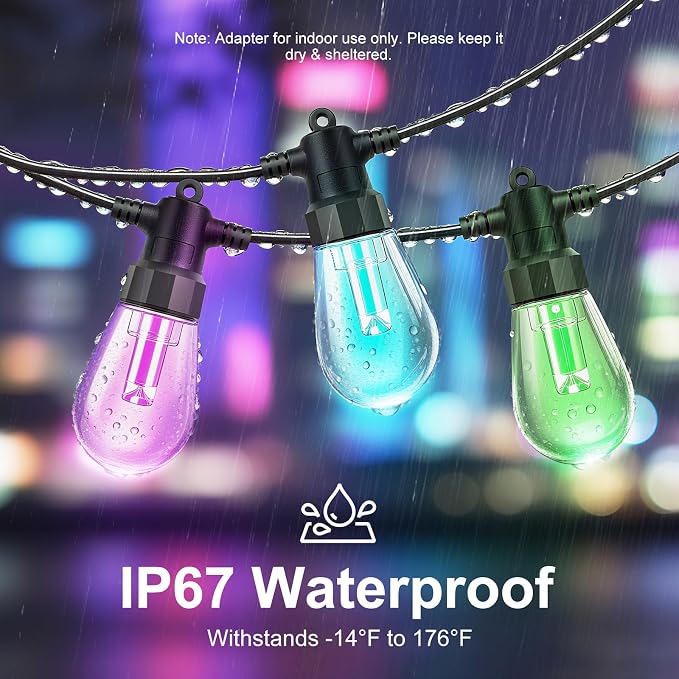 Color Changing Outdoor String Lights 121FT, Waterproof Patio Lights | 40 Dimmable Shatterproof LED Bulbs,Multicolor & Warm White, IP67 Waterproof, Custom Colors, Timer, Replaceable LED Chips, 24V