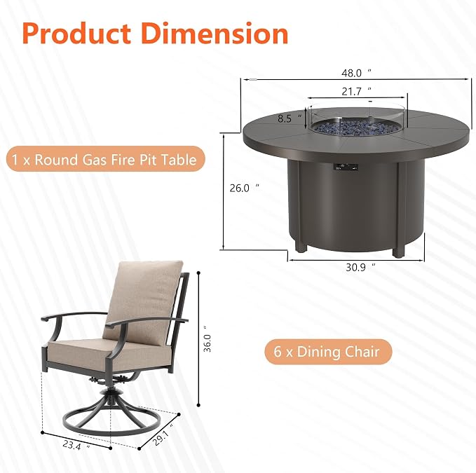 7 Pieces Outdoor Patio Furniture Set with 48" 55000 BTU Round Propane Fire Pit Table,Patio Dining Set Outdoor Conversation Sets 6 Swivel Chairs for Deck,Backyard and Garden,Brown