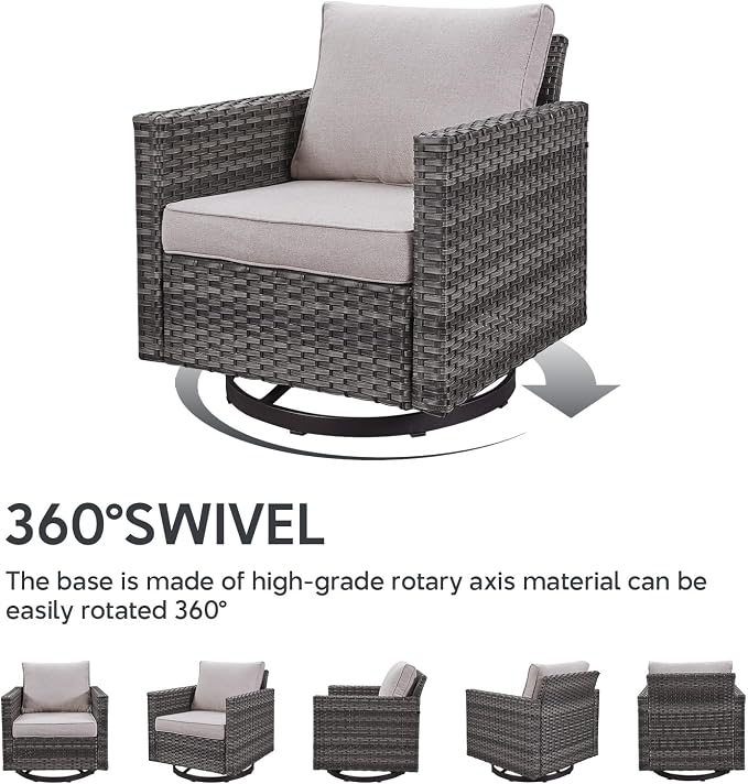 5 Piece Wicker Patio Furniture Set - Outdoor Swivel Rocker Chairs Set with 3 Seat Sofa and Ottomans, Small Patio Conversation Sets Proch Furniture for Balcony Deck - Grey/Beige