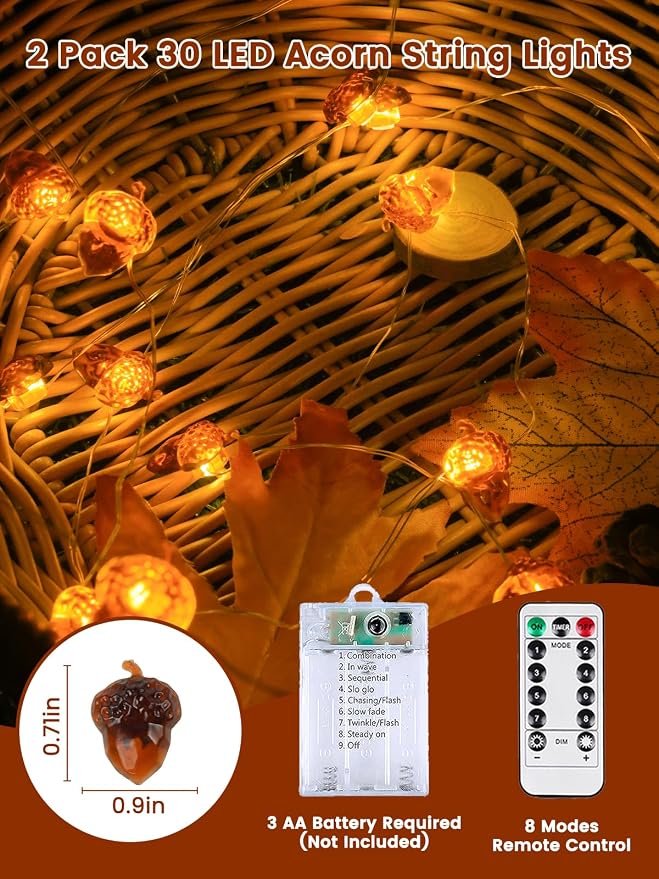 2 Pack 30 LED Acorn Fall Decorations, String Lights Battery Operated Remote | 20FT 3D Acorn Fairy Twinkle Lights with Timer, 8 Modes, Waterproof Outdoor Autumn Harvest, Thanksgiving, Halloween Decoration