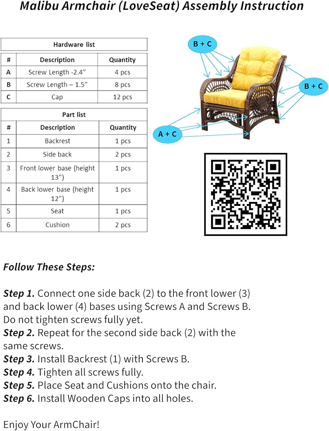 Malibu Lounge Set of 4: 2 Natural Rattan Wicker Chairs, Three-Seater Sofa and Coffee Table with Glass Handmade, White Color with Black Leaf Cushions