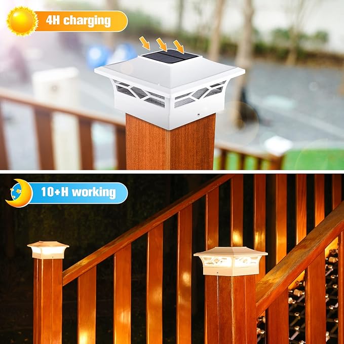 VOLISUN Solar Post Cap Lights: 4 - Pack Outdoor Deck Post Cap Lights White for Dock Fence Waterproof 2 Color Modes,4x4/6x6 Wooden/Vinyl Posts