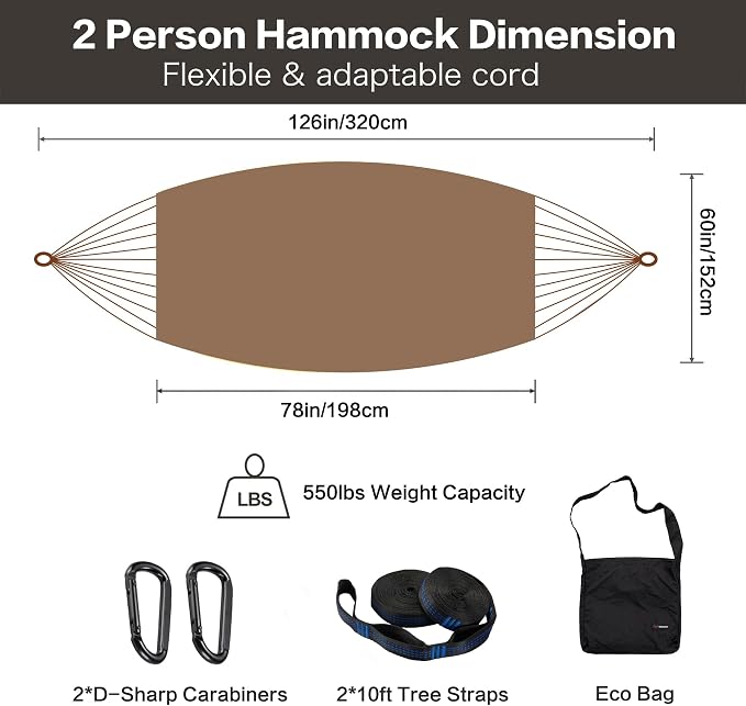 CHULIM Handwoven Mayan Hammock with 10ft Tree Straps, 550lbs Capacity Soft Rope Double Hammock, Portable Outdoor Hammock with Carry Bag for Camping Backyard Beach - Coffee