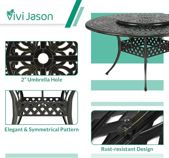 VIVIJASON 9-Piece Patio Dining Set, Rust-Free Cast Aluminum Outdoor Conversation Set, Includes 8 Swivel Dining Chairs & 61" Round Dining Table with 31" Lazy Susan, Umbrella Hole, Red