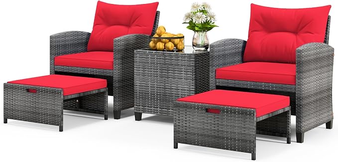 ORALNER 5 Pieces Patio Furniture Set with Ottoman, Wicker Conversation Set w/Cushions, Glass Coffee Table, Outdoor Lounger Rattan Chairs Bistro Set for Porch Balcony Garden Deck Poolside (Red)