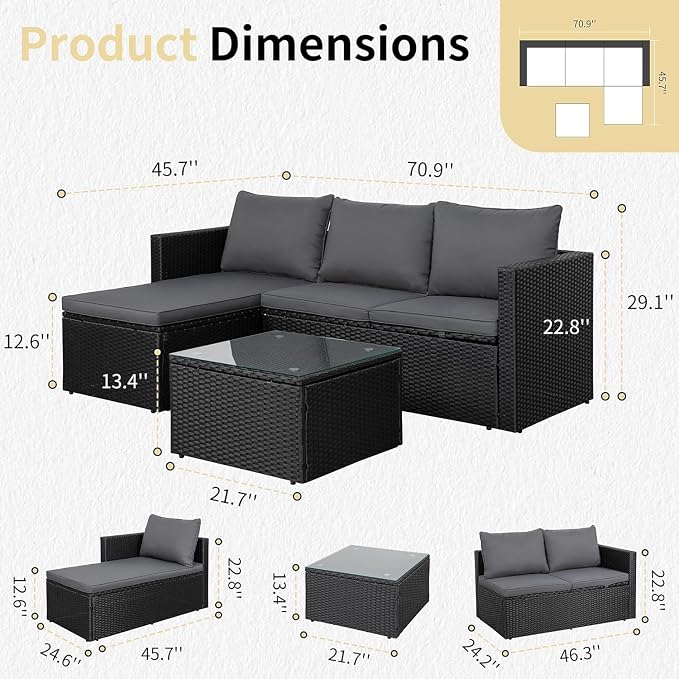 JAMFLY 3-Piece Outdoor Sectional Sofa Set with Glass Coffee Table, All-Weather PE Wicker Patio Furniture with Thick Cushions, Modular Conversation Set for Small Balcony, Deck & Porch, Grey
