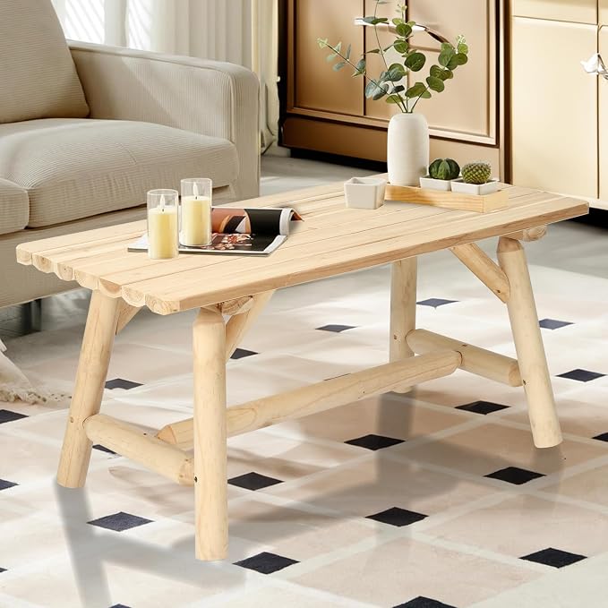 HOMEDIARY Wooden Adirondack Log Side Table, Cedar Wood Outdoor Rectangular End Table w/Slatted Tabletop, Oversize 41.5” Indoor Outdoor Patio Side Coffee Table for Garden Patio Backyard Porch, Natural