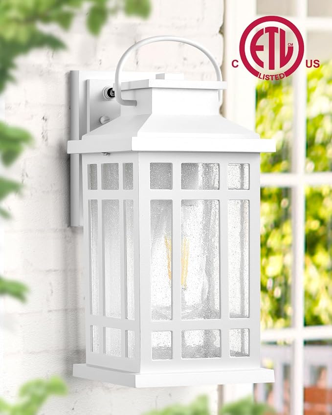 White Dusk to Dawn Outdoor Lighting 2-Pack, Outside Wall Lights with Seed Glass, Outdoor Light for House, Garage, Garden, Entryway, Doorway, 100% Aluminum Waterproof and Anti-Rust, E26 Socket