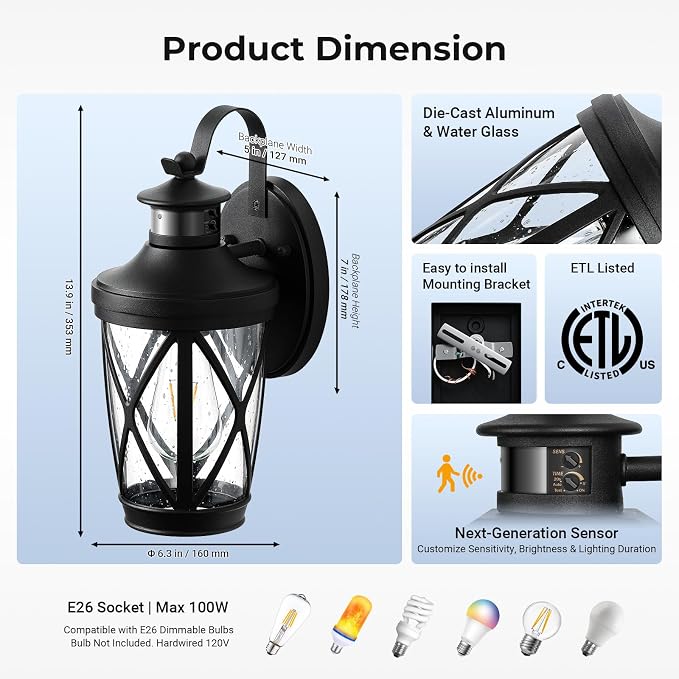 VIANIS Exterior Lighting Fixtures, Black Outdoor Motion Sensor Light, 2-Pack Outdoor Lanterns for Porch, Anti-Rust Dusk to Dawn Sensor Wall Mount, Modern Exterior Wall Sconce Outside Lights for Patio