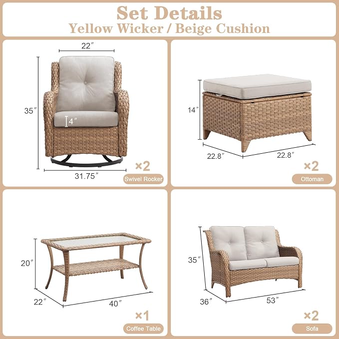 Belord 6 Piece Wicker Patio Furniture Set, Outdoor Swivel Rocker Chairs Set of 2 with Ottomans and Loveseat, All Weather Patio Conversation Furniture Set, for Pool,Yard,SunroomYellow Wicker/Beige
