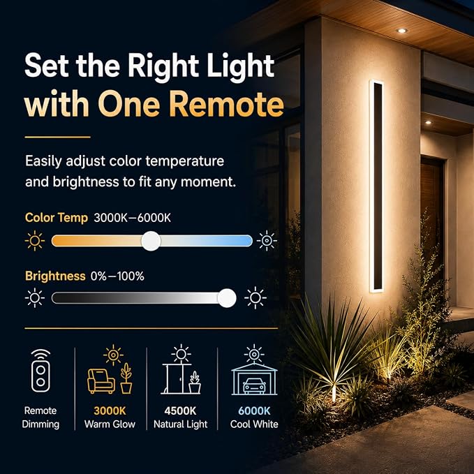 39.3" Outdoor Wall Lights, 2-Pack Remote Dimmable Sconces | Adjust 3000K–6000K lighting by remote for a modern garage, patio, porch or front door upgrade