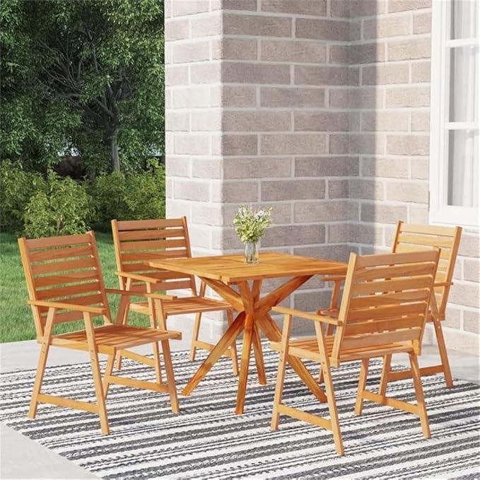 Afuera Living 5-Piece Solid Acacia Wood Garden Dining Set, Brown Oiled Finish, Weather-Resistant Patio Furniture for Outdoor Seating, Rustic Style Table and Chairs, Fits Up to 5 People