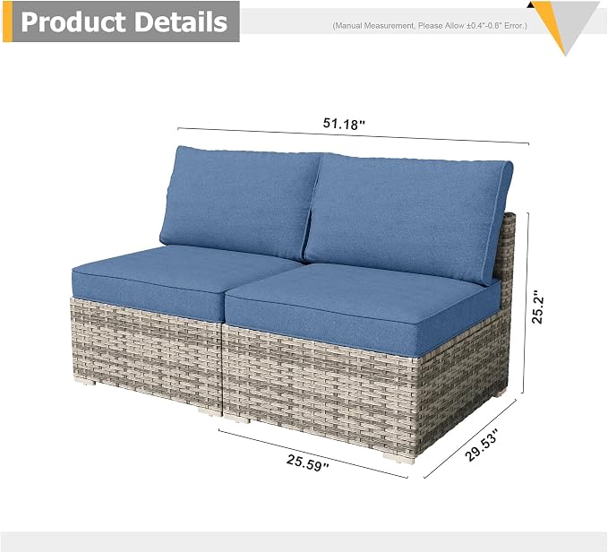 Weaxty 2 Pieces Patio Furniture Sets Middle Seats, Wicker Outdoor Sectional Sofa with Thicken Cushion, Patio Conversation Couch Set for Porch, Balcony,Yard, Poolside, Denim Blue