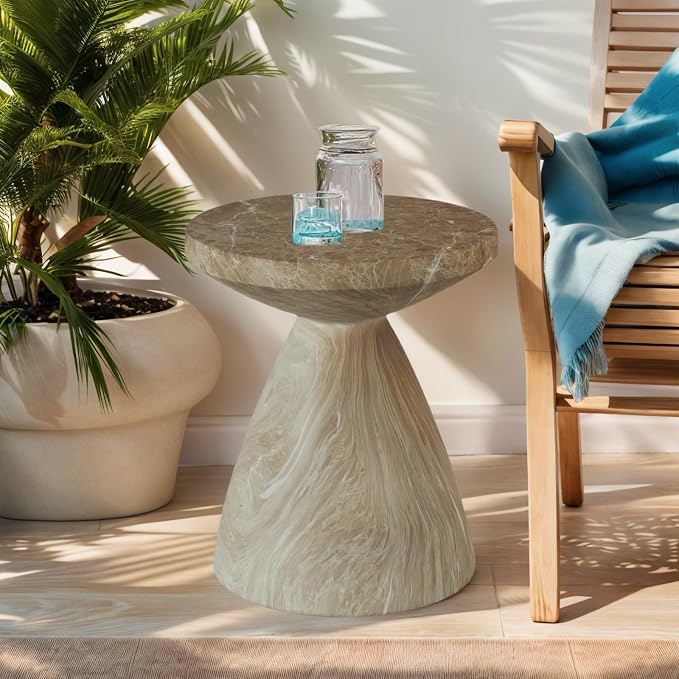 Faux Terrazzo Cement End Table for Patio, Modern Round Outdoor Side Table with Tree Stump Design, Garden Stool Accent Table for Indoor and Outdoor, Marble
