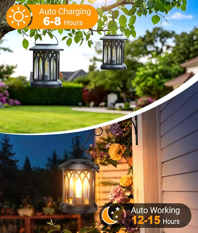 Solar Lantern Outdoor Lights with Metal Hooks, 6 Pack Upgraded Solar Lanterns Outdoor Waterproof, Hanging Solar Lights for Outside Decorative Yard Patio Path Porch Garden Decor