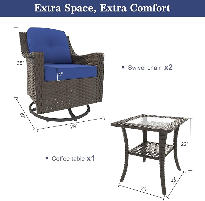 3 Pieces Patio Swivel Chairs & Side Table, PE Rattan Patio Chairs with Water-Resistant Cushion for Porch Outdoor Wicker Furniture Set (Blue, 3 PCS - Swivel Chair & Table)