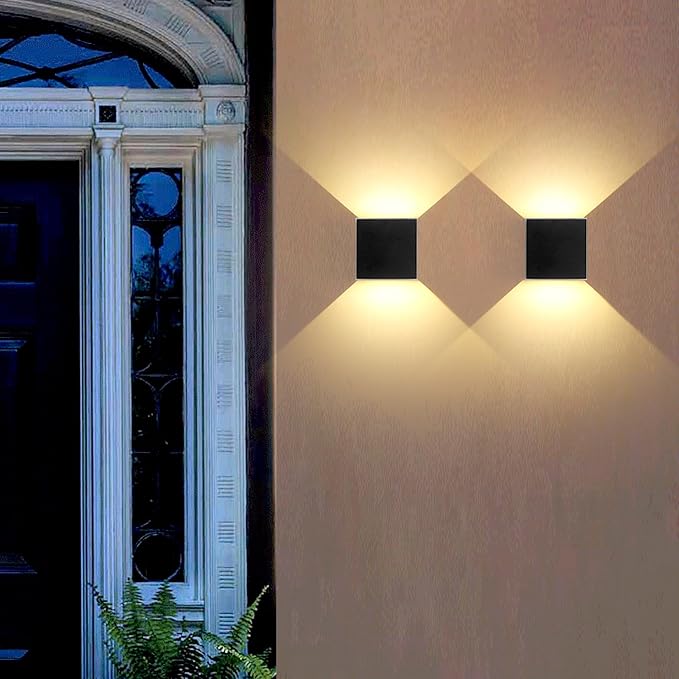 Mille Lucciole 2 Pack LED Outdoor Wall Lights Exterior/Interior, Up and Down Lights IP65 Waterproof Wall Sconces, Square Aluminum Outdoor Wall Lighting Fixtures, Modern Black 12W 3000K Warm Lights