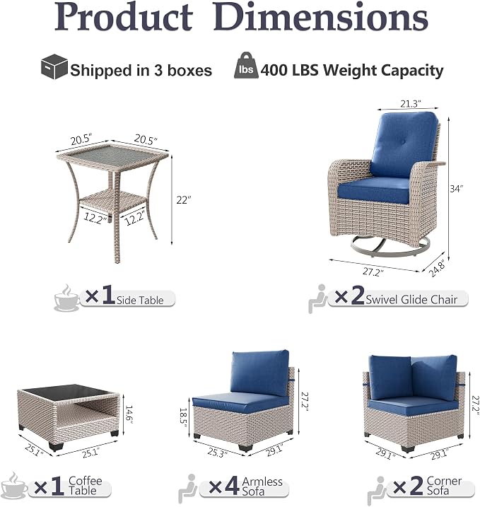 Patio Furniture Set, 10-Piece Outdoor Sectional Sofa with Swivel Rocker Chairs & 2-Layer Glass Coffee Table, Wicker Patio Conversation Set with Blue Cushions
