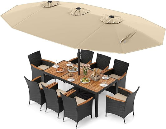 Tangkula 11 Piece Patio Wicker Dining Set w/Double-Sided Patio Umbrella, 8 Stackable Cushioned Chairs, 71" Acacia Wood Dining Table & 15 ft Umbrella with Weighted Base (Beige + Off White)