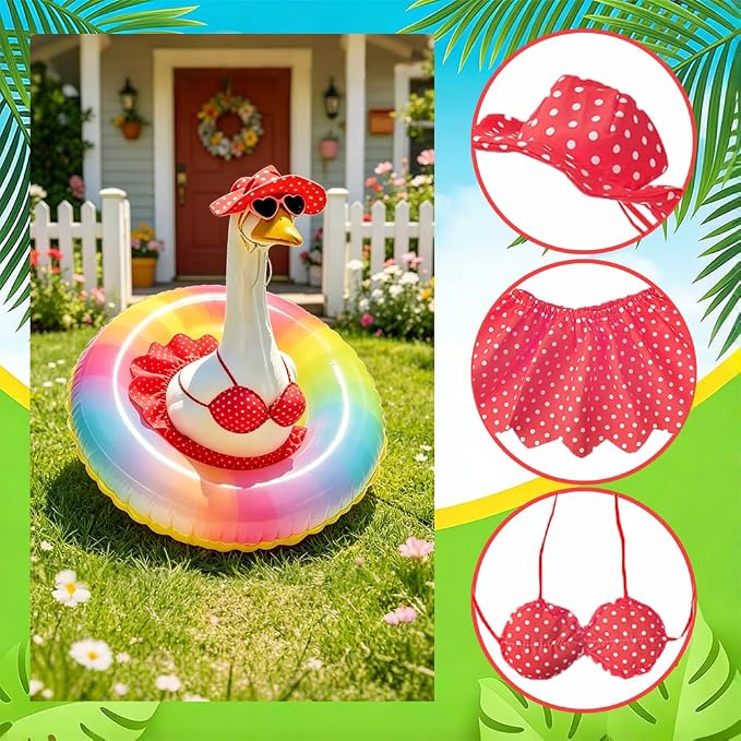 STONESTAR Hawaiian Porch Goose Outfits with Hat Sunglasses & Swim Ring, Summer Bikini Goose Outfit Clothes Costume Fits 23" Cement Geese Statue, Summer Garden Lawn Patio Yard Outdoor Decor