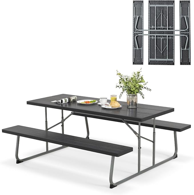 Tangkula 6 Ft Folding Picnic Table, Outdoor 8 Person Large Picnic Table Set with 2 Built-in Benches, Umbrella Hole, Metal Frame & HDPE Tabletop for Garden, Backyard (Black)