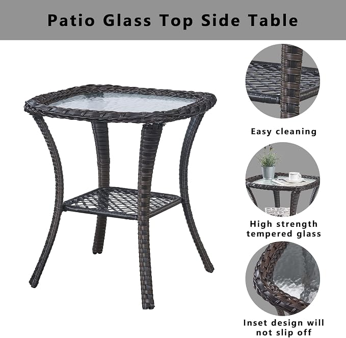 Belord Rattan Patio Side Table, 2 Tier Hand Woven Wicker Bistro Table, 5 mm Frost Glass Top Square Table, Brown Wicker