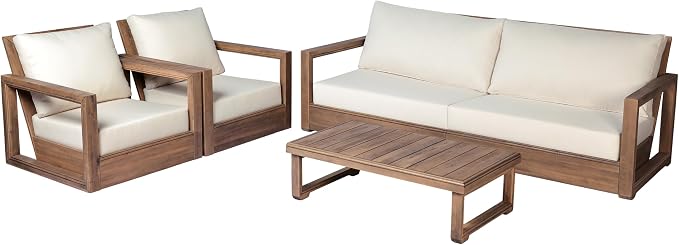 Christopher Knight Home 4-Piece Patio Furniture Set, Outdoor Acacia Wood 3-Seater Patio Sofa Set with 2 Swivel Rocking Chairs & Coffee Table, Deep Seating Patio Set for Porch Deck Garden, Brown+Beige