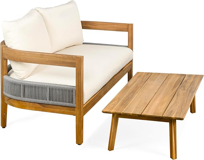 Merax 2 Piece Patio Outdoor Furniture Set, All-Weather Acacia Wood Curved Loveseat Sofa with Cushions,1 Coffee Table, Conversation Set for Backyard Deck Poolside, Teak+ Beige