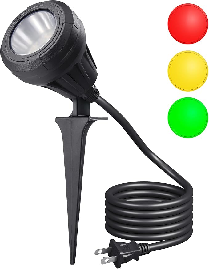 DEWENWILS 120V LED Outdoor Spotlight, 3 Extra Lenses 5.5W Landscape Light | Red Green Yellow Lenses, 5000K Plug in Spotligh, Waterproof Landscape Light for Yard, Tree Flag, Holiday 5FT Extension Cord
