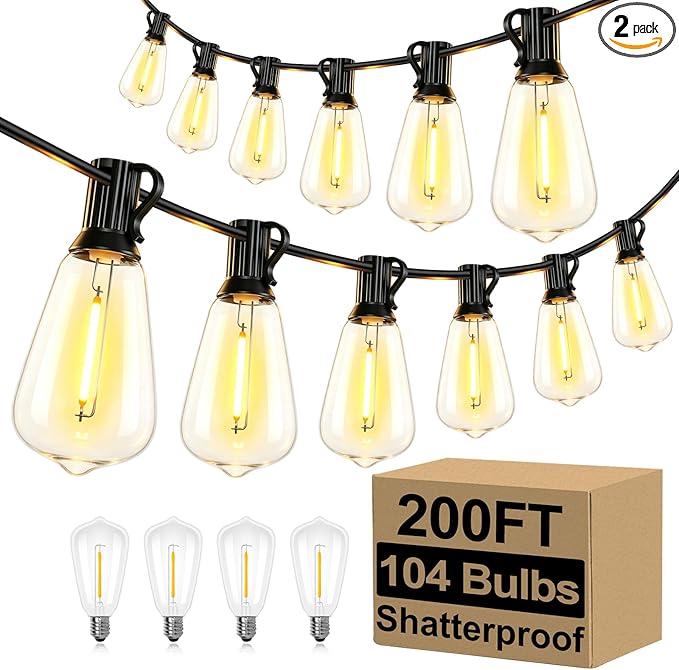 Brightever Outdoor String Lights 200FT Waterproof, Patio String Lights for Outside with 100+4 ST38 Shatterproof LED Filament Bulbs, Dimmable Hanging Lights for Christmas, Party, Cafe (2-Pack 100FT)