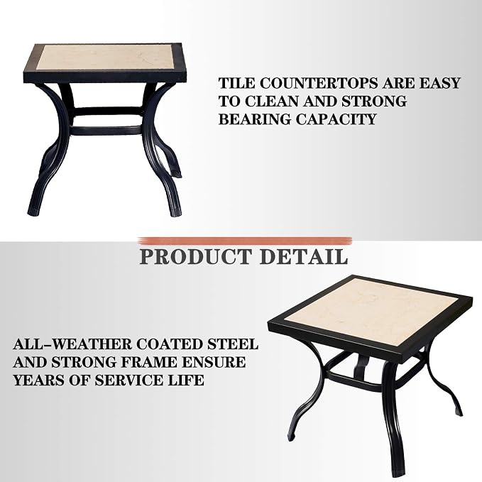 Festival Depot 21" Metal Outdoor Side Table Patio Bistro Square Dining Table Ceramics Top with Steel Legs (20.9"x 20.9"x 19.7"H)