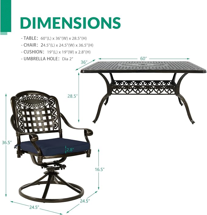 VIVIJASON 7-Piece Outdoor Furniture Dining Set, All-Weather Cast Aluminum Patio Conversation Set, Include 6 Swivel Dining Chairs and a Rectangle Table with Umbrella Hole, Navy Blue Cushion