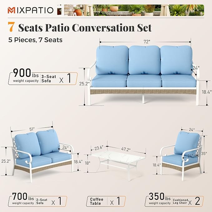 MIXPATIO 5 Piece Patio Furniture Set, 2 x Fixed Chair, 1 x 2-Seat Sofa, 1 x 3-Seat Sofa with Marbling Coffee Table, All Cushioned 7 Seats Outdoor Conversation Set for Lawn Garden Backyard, Blue