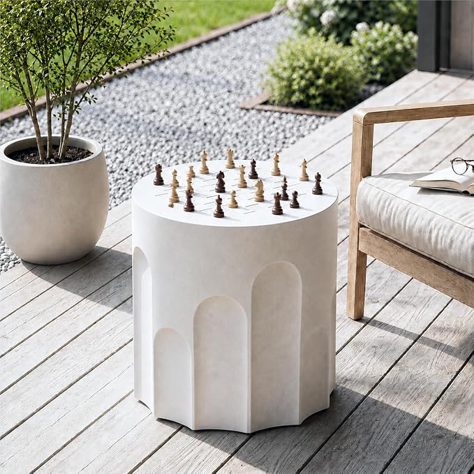 SUNBURY Outdoor Side Table w Chessboard, 15" W Concrete End Table, Patio Side Table Lightweight MgO, Round Accent Tables, Garden Stool Plant Stand for Yard, Front Porch, Spotted White