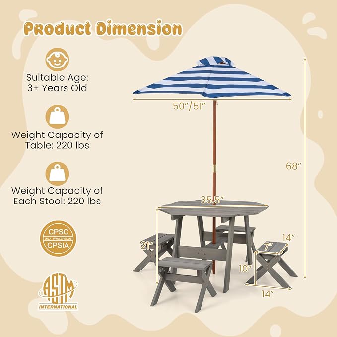 HONEY JOY Kids Picnic Table, Fir Wood Octagon Table & 4 Stool Set, Stripe Fabric Umbrella, Toddler Picnic Table for Outdoors, Children Backyard Furniture for Patio Garden(Gray)