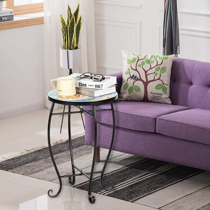 Bonnlo Mosaic Print Accent Table, 14" Round Side Table,End Table, Plant Stand Decor for Patio Porch Balcony Back Deck Pool Indoor Outdoor Coffee, Metal Cobalt Glass Top Black Iron (Yellow Sun)