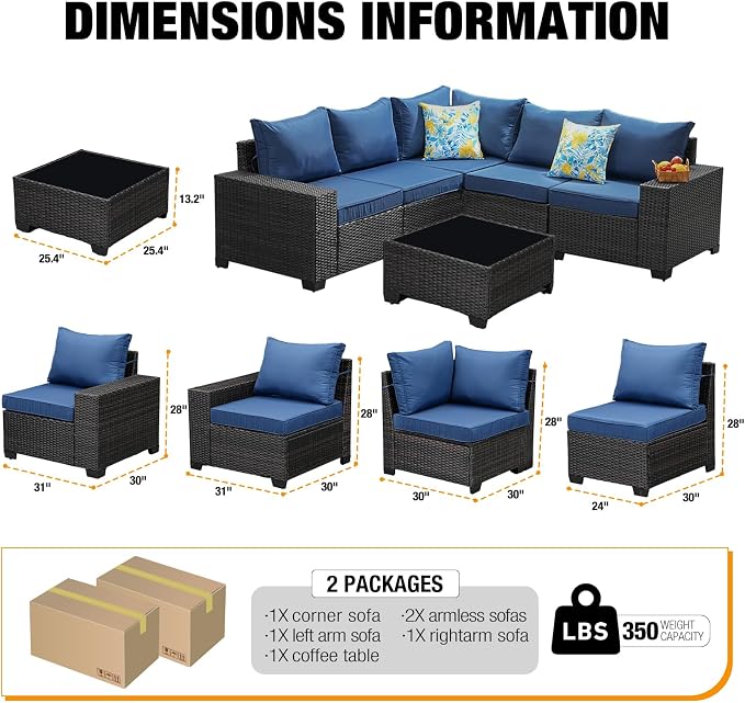 JOYURE 6 Pieces Patio Furniture Set All-Weather Outdoor Wicker Sectional Conversation Sofa Rattan Patio Seating Sofa with Cushion and Glass Table for Porch Poolside,Navy