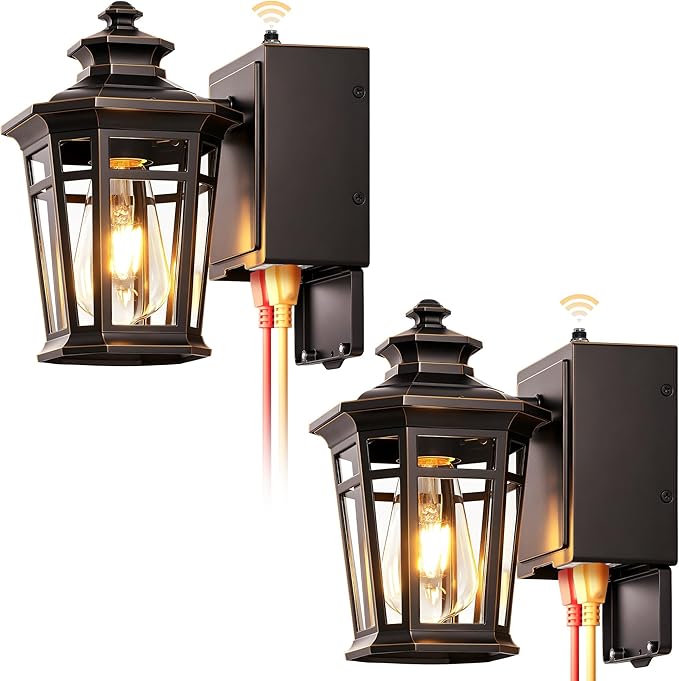 Gleamz 2-Pack ORB Dusk to Dawn Outdoor Lighting with GFCI Outlet, Outside Wall Lights with Gold Trim, Aluminum Exterior Lighting Fixtures Wall Mount, Waterproof Modern Exterior Coach Light Fixtures