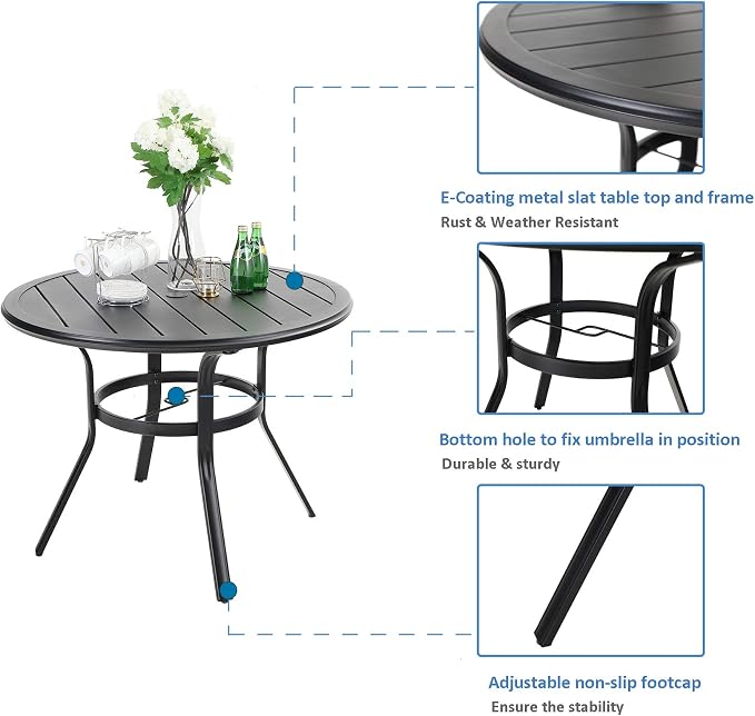 MFSTUDIO Outdoor Dining Set for 4, Round Patio Table and Chairs Set with Umbrella Hole, Metal Patio Furniture Set for Deck, Backyard, Poolside & Garden