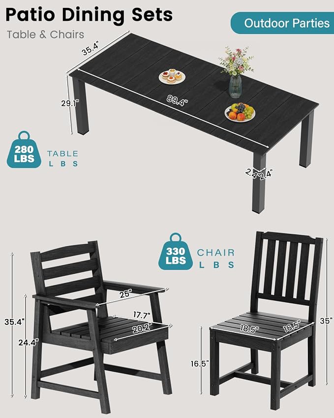 LOUNZY 11 Piece Patio Dining Set for 10, Outdoor Table and Chairs, Black | 89.4“ table,10 person HDPE outdoor dining set, 304 stainless steel, weather resistant up to 10 years for large gatherings
