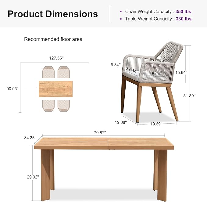 PURPLE LEAF 5 Pieces Patio Dining Set Aluminum Modern Rectangular Table and Rattan Arm Chairs with Cushions for Kitchen Porch Garden Outdoor Furniture Sets, Teak