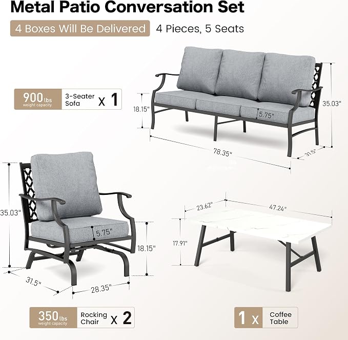 SUNSHINE VALLEY 4 Piece Metal Outdoor Patio Furniture Set, Patio Conversation Set 1 3-seater Sofa, 2 Rocking Chair with 5.75" Extra Thick Cushion and Coffee Table, Black Frame Backyard Furniture, Gray