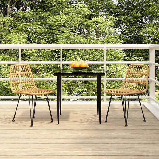 3 Piece Patio Dining Set, Outdoor Bistro Furniture with Tempered Glass Table and 2 Wicker Rattan Chairs for Balcony, Garden, Backyard, Brown