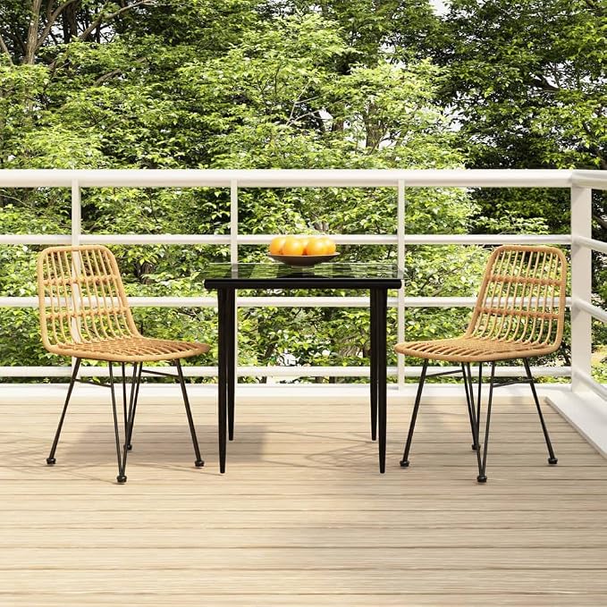 3 Piece Patio Dining Set, PE Rattan Bistro Set with Tempered Glass Top Table and 2 Chairs, Outdoor Steel Frame Furniture Set for Backyard, Balcony, Garden, Black